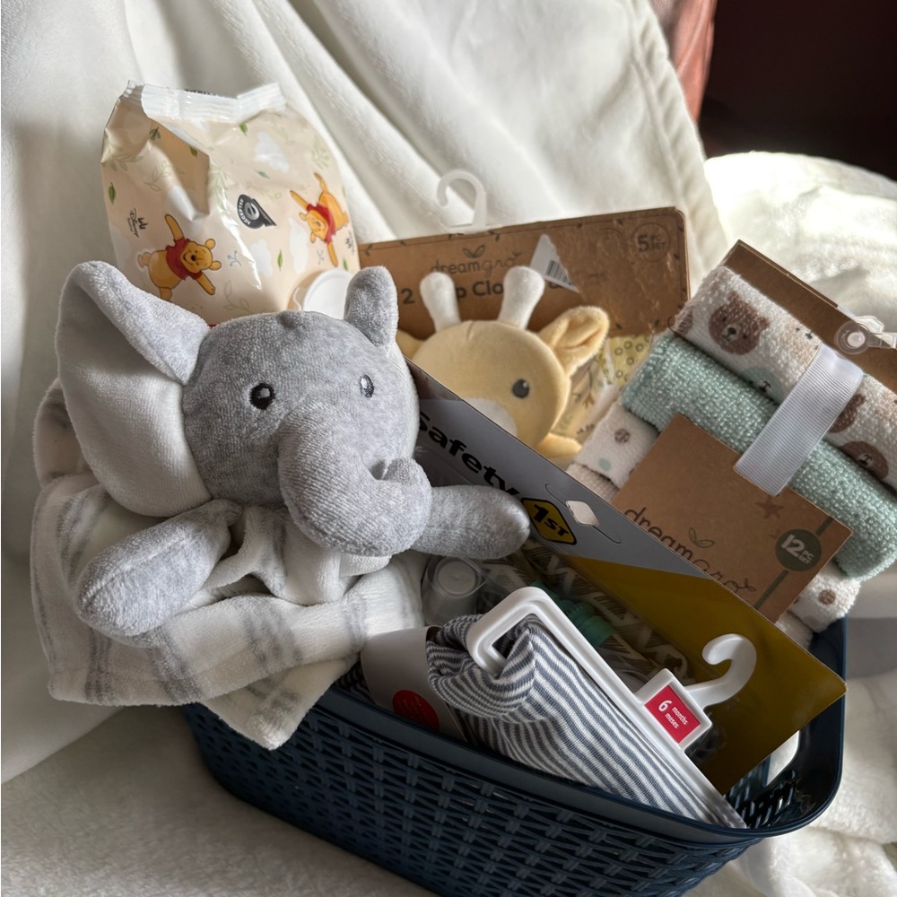 Gray Elephant Plush Baby Gift Basket